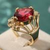 Vintage Inlaid Red Stone Women's Ring Trendy Gold Color Hand Carving Hollow Daily Wear Party Jewelry Anniversary Gift