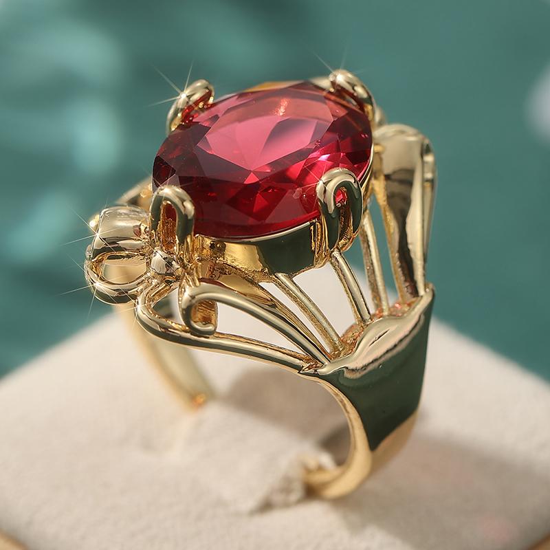 Vintage Inlaid Red Stone Women's Ring Trendy Gold Color Hand Carving Hollow Daily Wear Party Jewelry Anniversary Gift