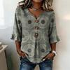 Women T-shirt Regular Fit V-Neck Half Sleeve Summer Tee 3D Digital Flower Print Pullover Tops Daily Wear