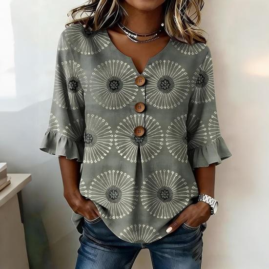 Women T-shirt Regular Fit V-Neck Half Sleeve Summer Tee 3D Digital Flower Print Pullover Tops Daily Wear