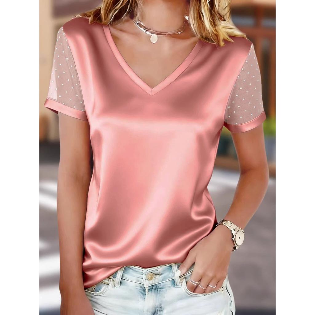 Summer Fashion Versatile Women's V-neck Short Sleeve T-shirt Mesh Flocked Casual Top For European And American Women