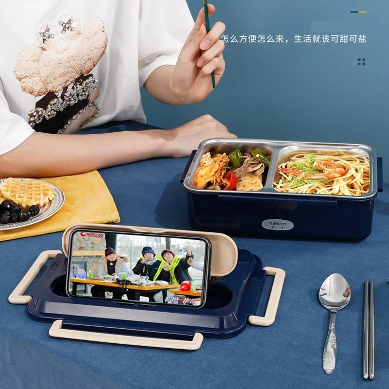 Portable 2 In 1 Electric Heated Lunch Box Stainless Steel Office Food Heating Warmer Container Heater Dual Use Home Car