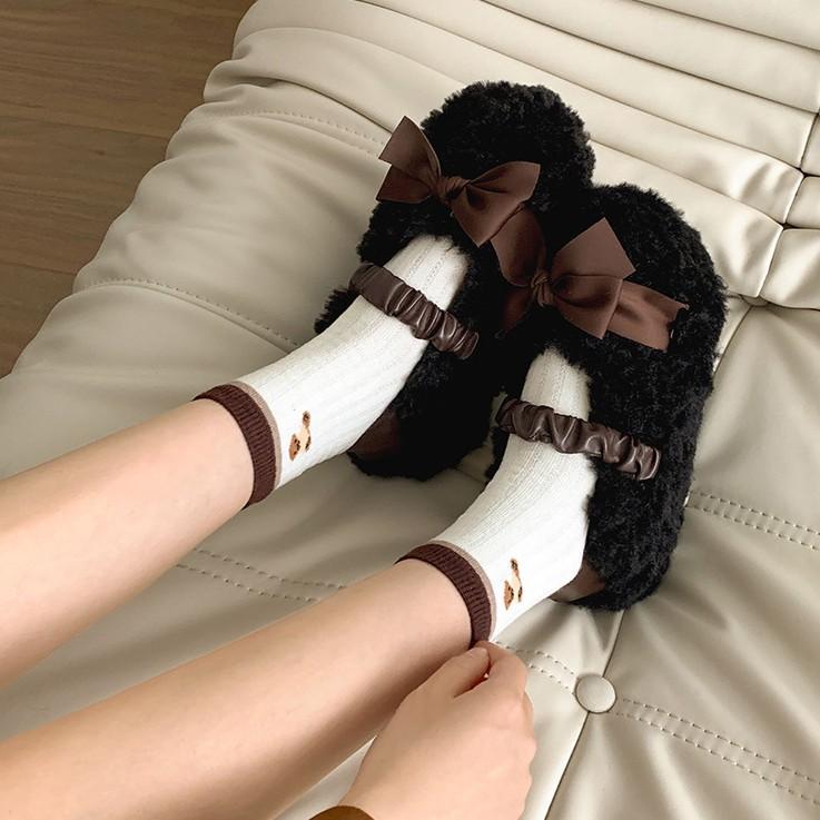 Bow-tie thick-soled fluffy shoes, women's autumn and winter height increase, one pedal, velvet Mary Jane cotton shoes