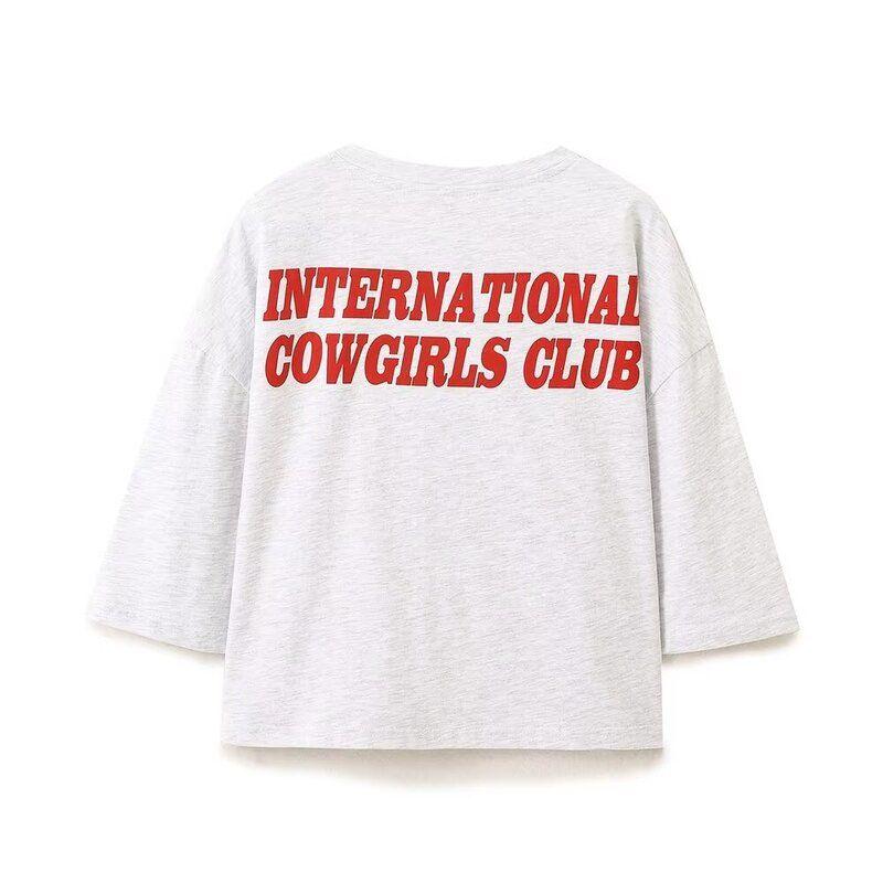 Fashion Style 2024 Autumn New Women's Cotton Slogan Print White Short Sleeve Round Neck T-shirt 0264811