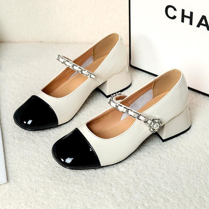 Real Sheepskin French Mary Jane Women'S Shoes Temperament Thick Heel Single Shoes Women'S High Heels Color Matching Small Leather Shoes Women