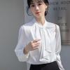 [SYitong] Women's Long-Sleeved Plain Blouse, Stylish, Washable, Collarless, White/Pink, Lined, Business/Office, Cute, Popular, Date, Outing, Commuting