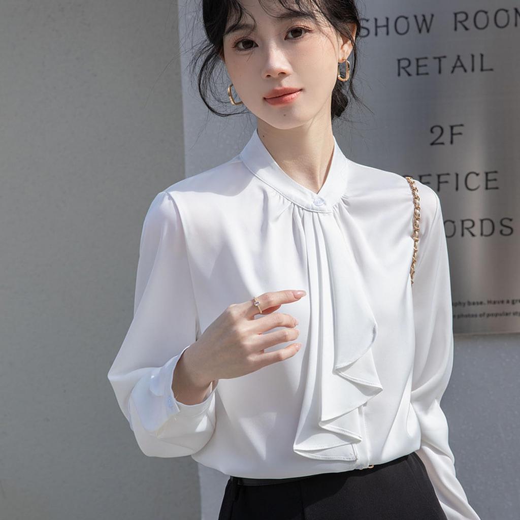 [SYitong] Women's Long-Sleeved Plain Blouse, Stylish, Washable, Collarless, White/Pink, Lined, Business/Office, Cute, Popular, Date, Outing, Commuting