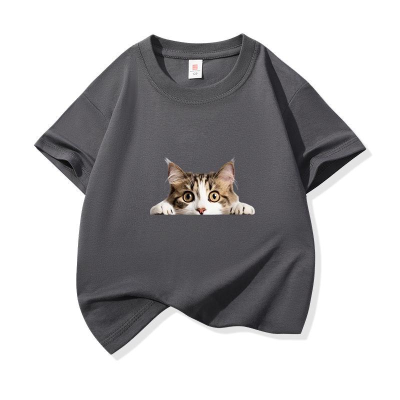 Kids Cotton T Shirt Peeking Domestic Shorthair Cat Graphic Crew Neck Short Sleeve Tee Casual Breathable Boys Girls Summer Tops