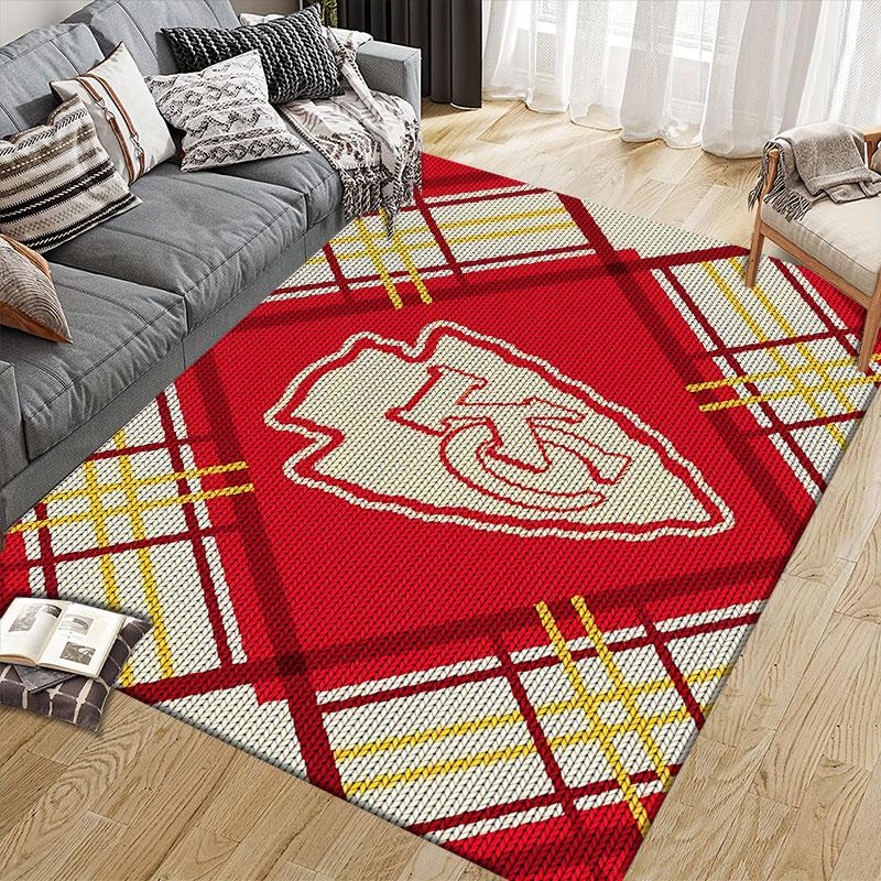 Kansas City Chiefs Flannel Printed Carpet, Home Sofa Decoration for Living Room & Bedroom, Non‑Slip Play Flannel Floor Mat for Game Room
