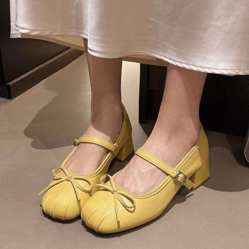 2025 New Butterfly-knot Mid Heel Mary Janes Square Heel Shallow Ladies Shoes On Sale Fashion Spring Autumn Solid Dress Pumps