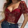 Women Sexy Lingerie Lace Tops Elegant Flower Puff Sleeve Sweetheart Neck Bodycon Blouse Fashion Versatile Street Tops