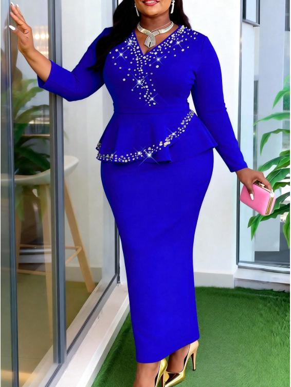 Elegant Plus Size Pink Rhinestone Dress with Ruffle Sleeves and Waist-Cinched Skirt for Formal Events