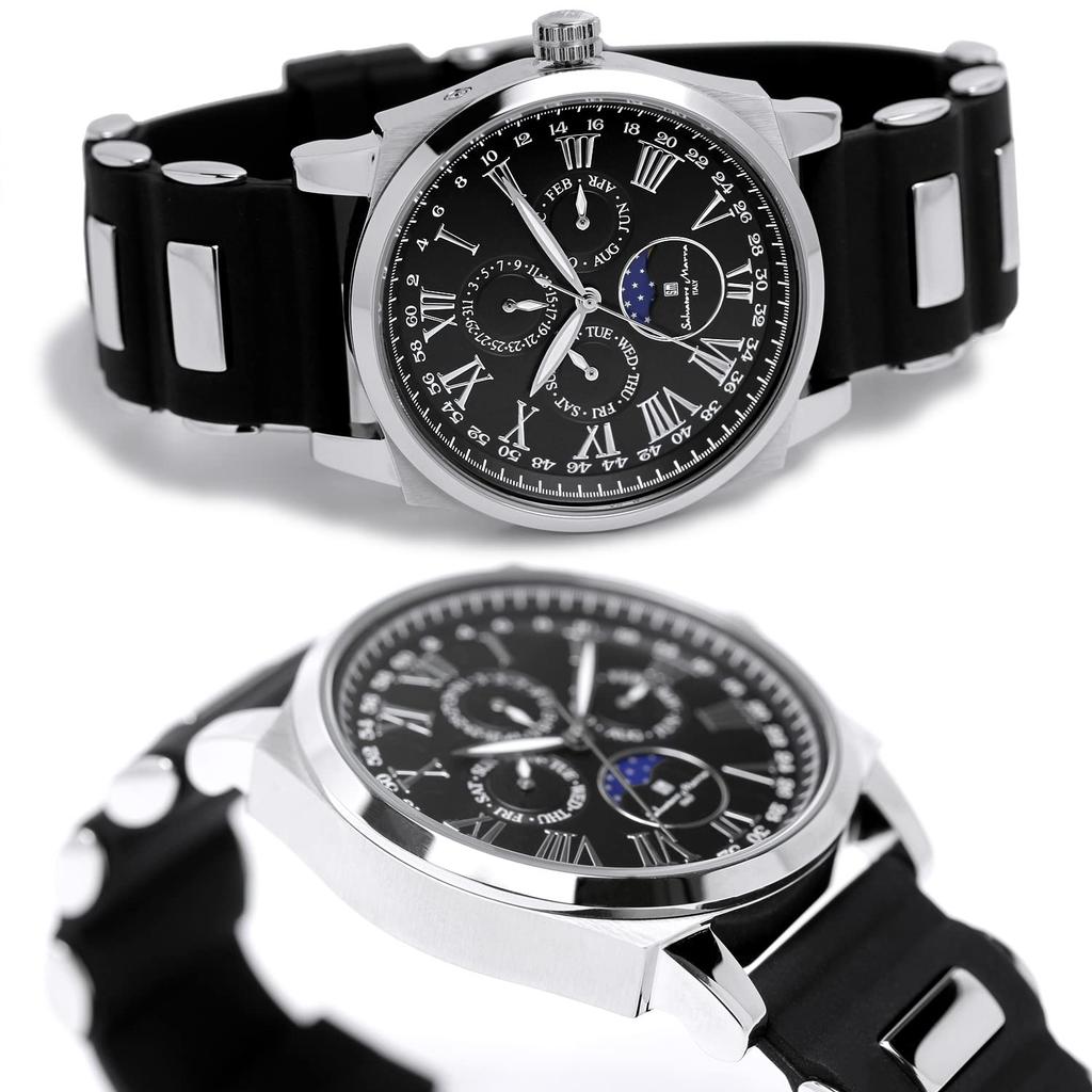 Watch Moon Phase Multi Calendar 5 ATM Water Resistant Business Formal Rubber Belt Limited Model Black Silver [Salvatore Mara] Men's SM22105R-SSBK
