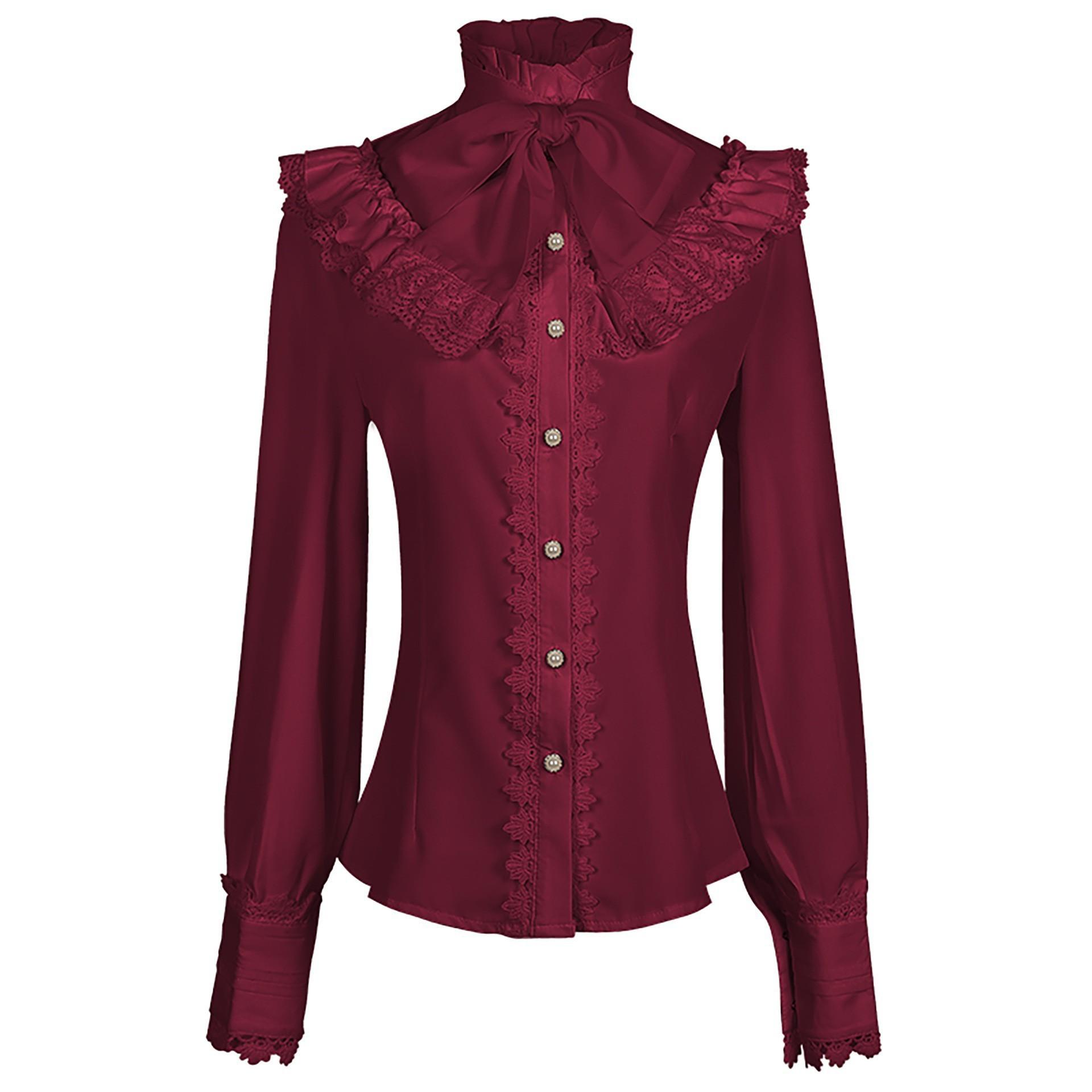 

Women s Victorian Gothic Blouse Ruffled High Collar Long Sleeve Vintage Renaissance Style Top Lolita Cosplay Costume Party Wear 2XL
