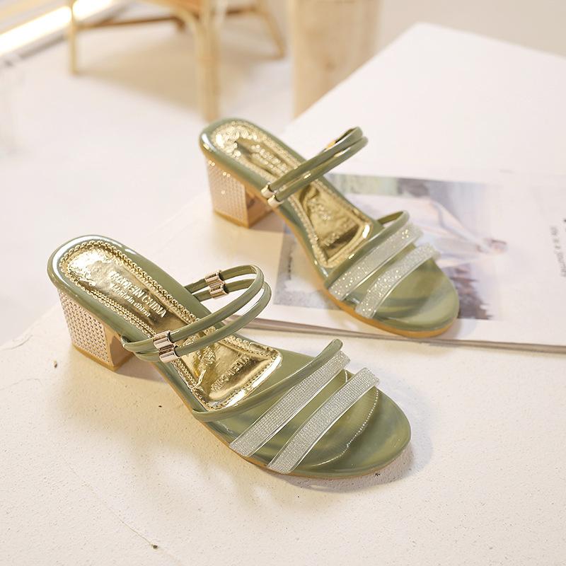 Rhinestone sandals women's summer new thick heel open toe middle heel versatile one shoe two wear sandals women's shoes