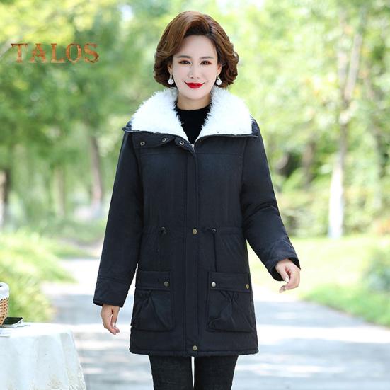 Winter Women Jacket Thickened Plush Turn-down Collar Long Sleeves Elastic Waist Pockets Zipper Closure Coat Mid Length Windproof Warm Coat