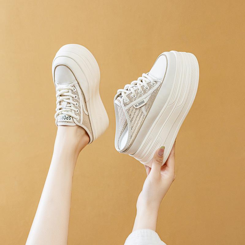 Fashion 8CM Air Mesh PU Synthetic Microfiber Leather Flats Summer Women Sandals Slipper Chunky Sneakers Slippers Platform Wedge Shoes