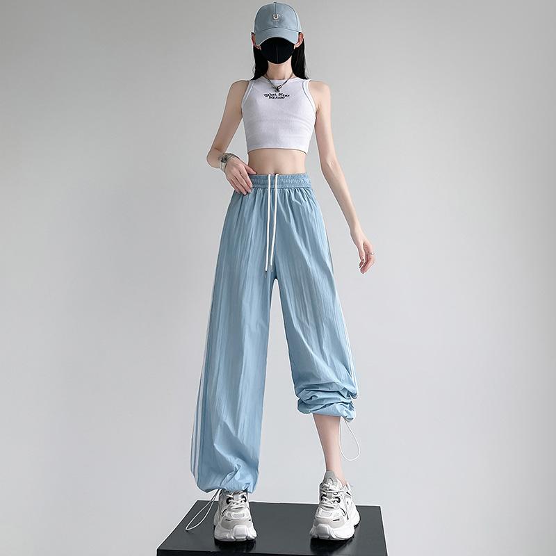 Nya Sommar Amerikanska Vardagsbyxor och Mjukisbyxor för Kvinnor Dragskor för Två Hög Midja Lös Smickrande Solskydd Vida Ben