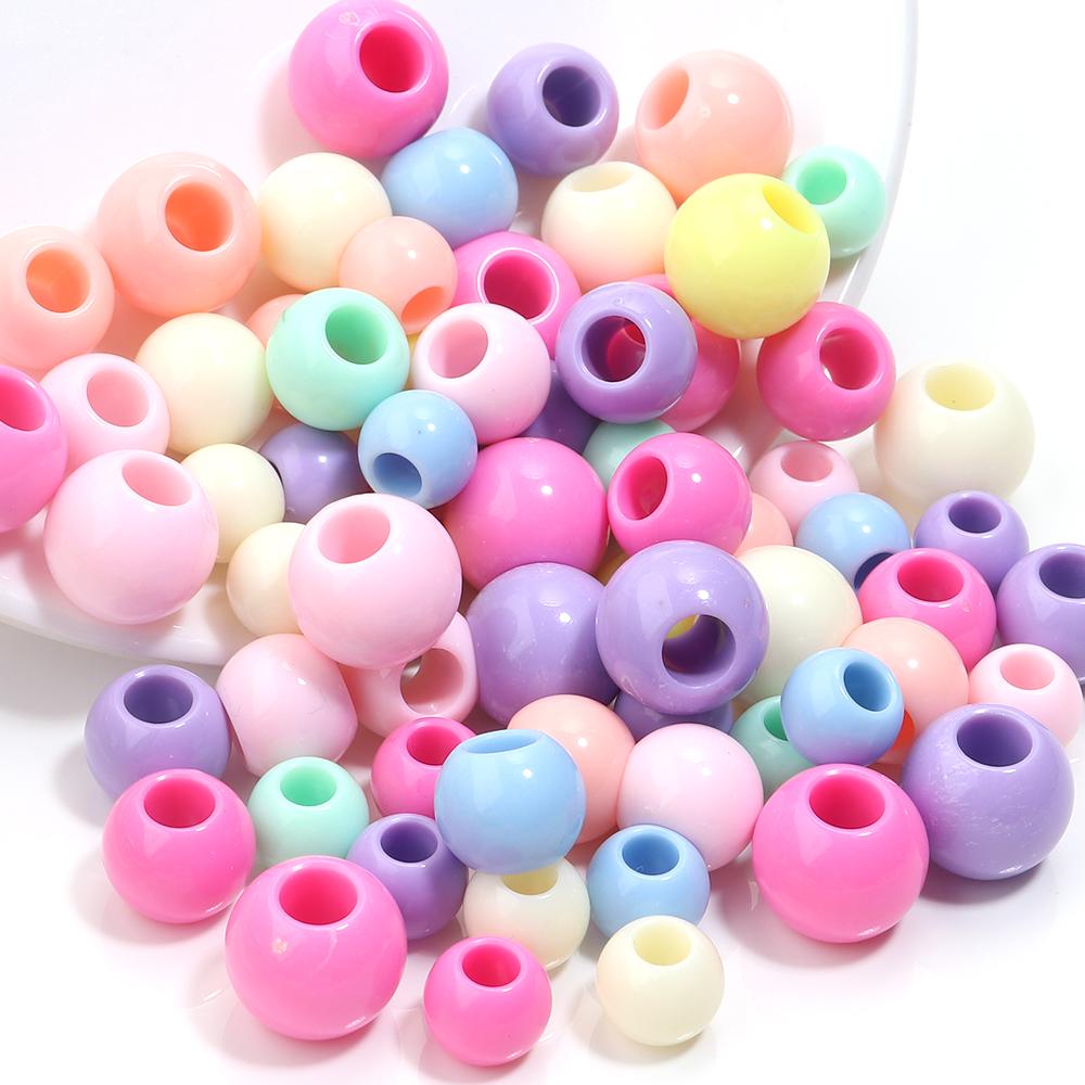 50pcs Candy Color Acrylic Beads Large Hole Round Loose Spacer Beads For Jewelry Making DIY Crafts Necklace Bracelets Accessories