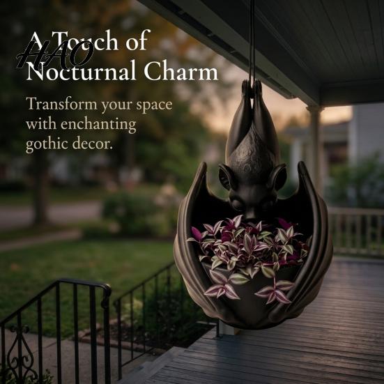 Outdoor Hanging Succulents Container Bat Plant Pot, Gothic Planter for Flowers & Vines, Unique Black Retro Style Statue Decor, Garden Balcony
