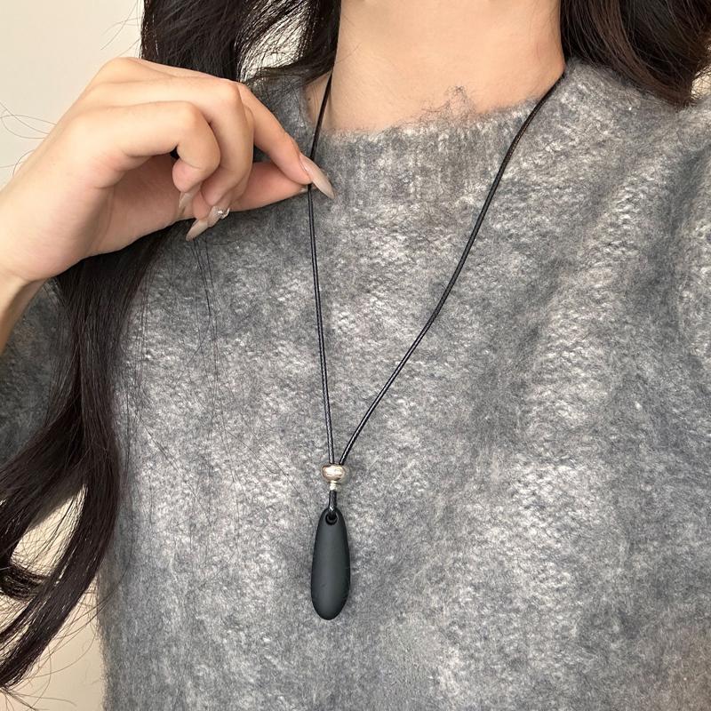 Minimalist Matte Metal Water Drop Pendant Necklace for Women Personality Wax Rope Long Adjustable Sweater Chain Design Jewelry