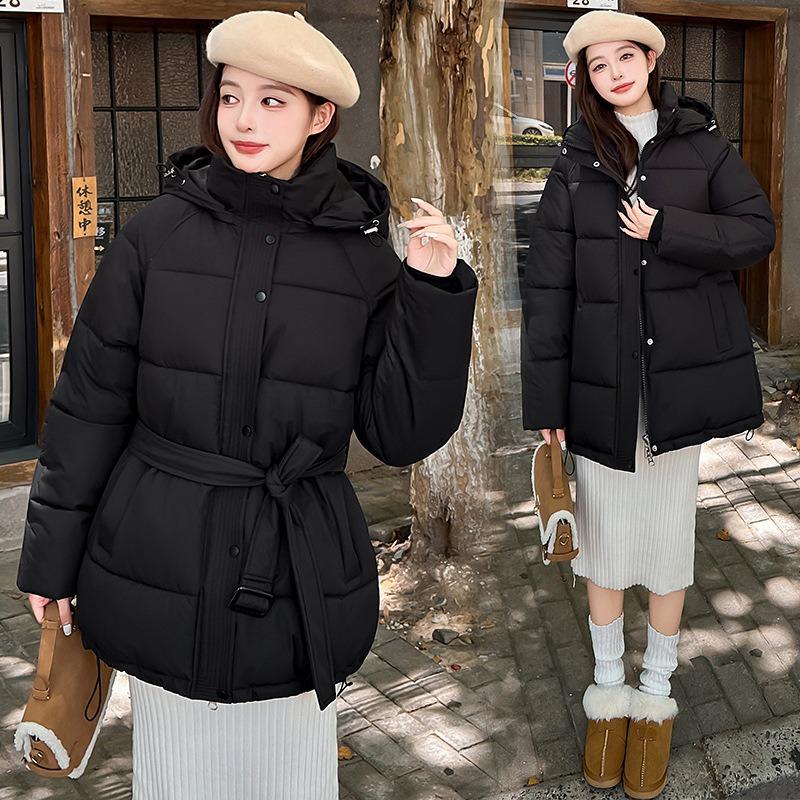Wind belt down cotton clothes women's winter new fashion waist thin thickened sweet coat tide