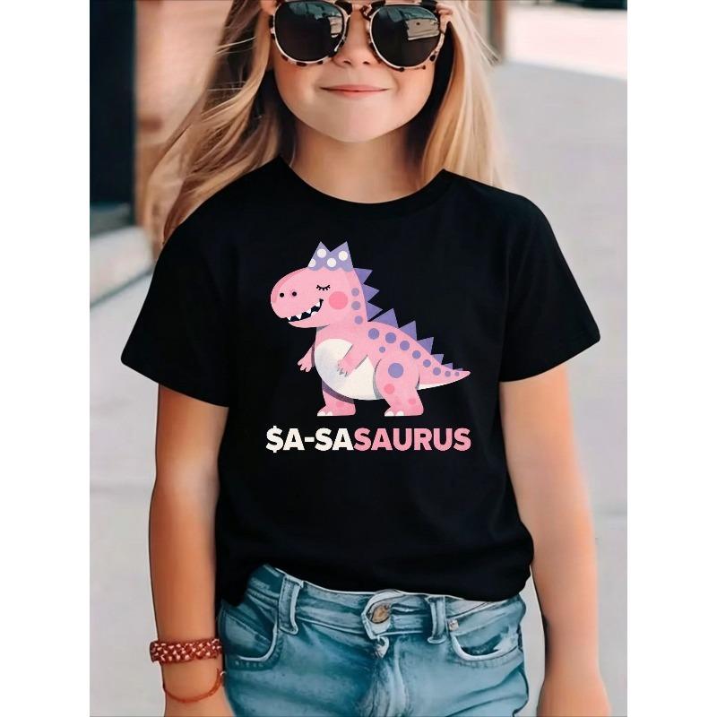 Girls Crew Neck Short Sleeve T-Shirt with Cartoon Pink Dinosaur Print