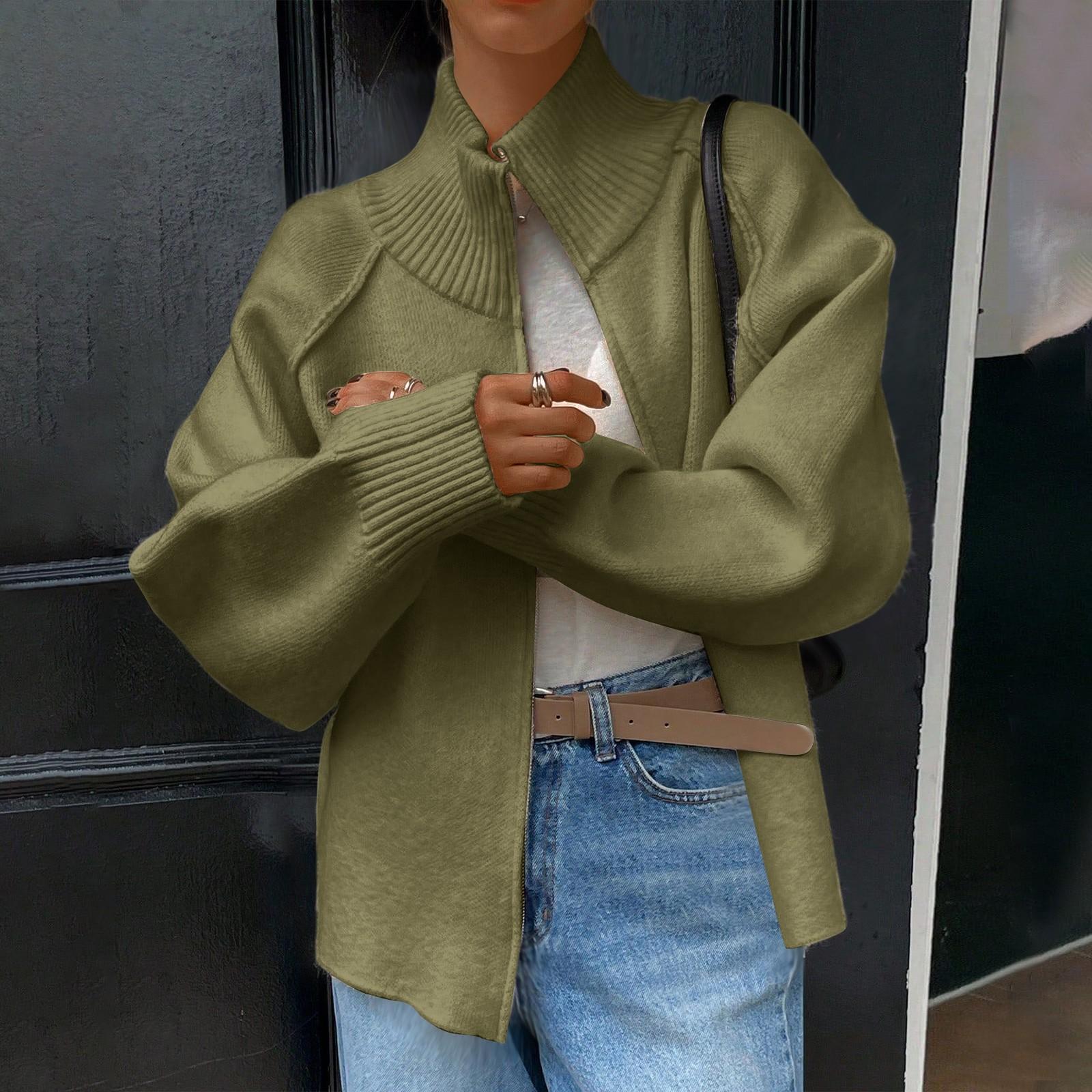 

Women s Fashion Casual Solid Color Stand Collar Long Sleeve Cardigan Zipper Knitted Jacket One Size армия зеленый