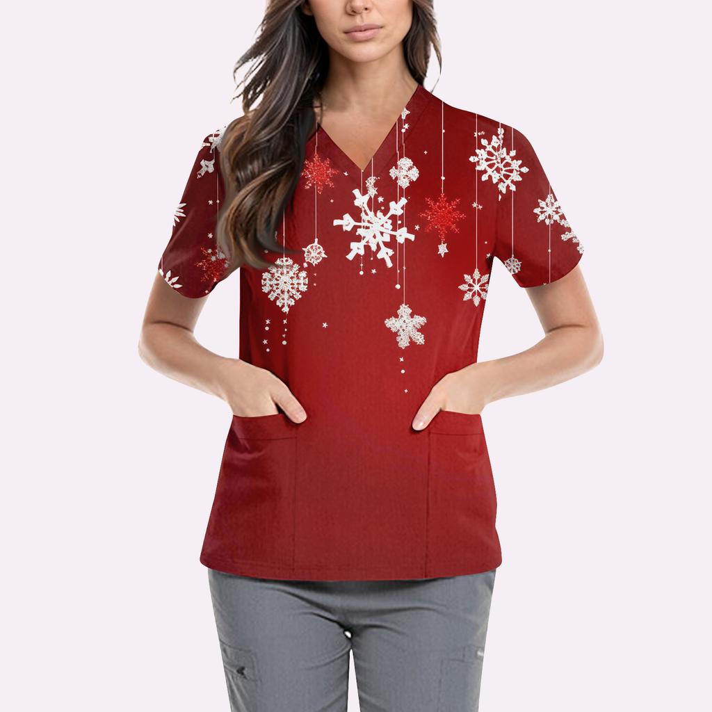 Women's Cute Printed Work Clothes V-neck Double Layer Pockets Basic Short Sleeve Top Pullover Valentines