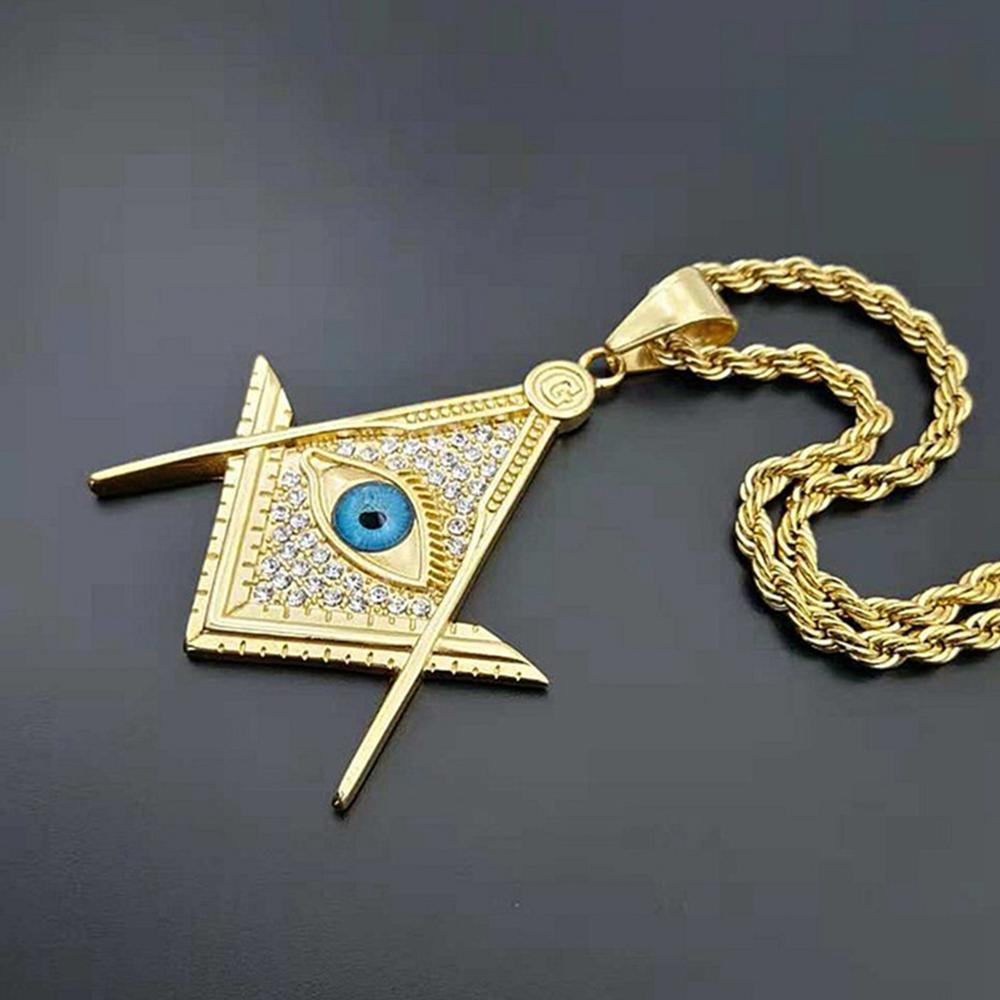Hip Hop Iced Out Masonic All Seeing Eye Pendant Necklace Male Gold Color Stainless Steel Chain For Men Freemason Mason Jewelry