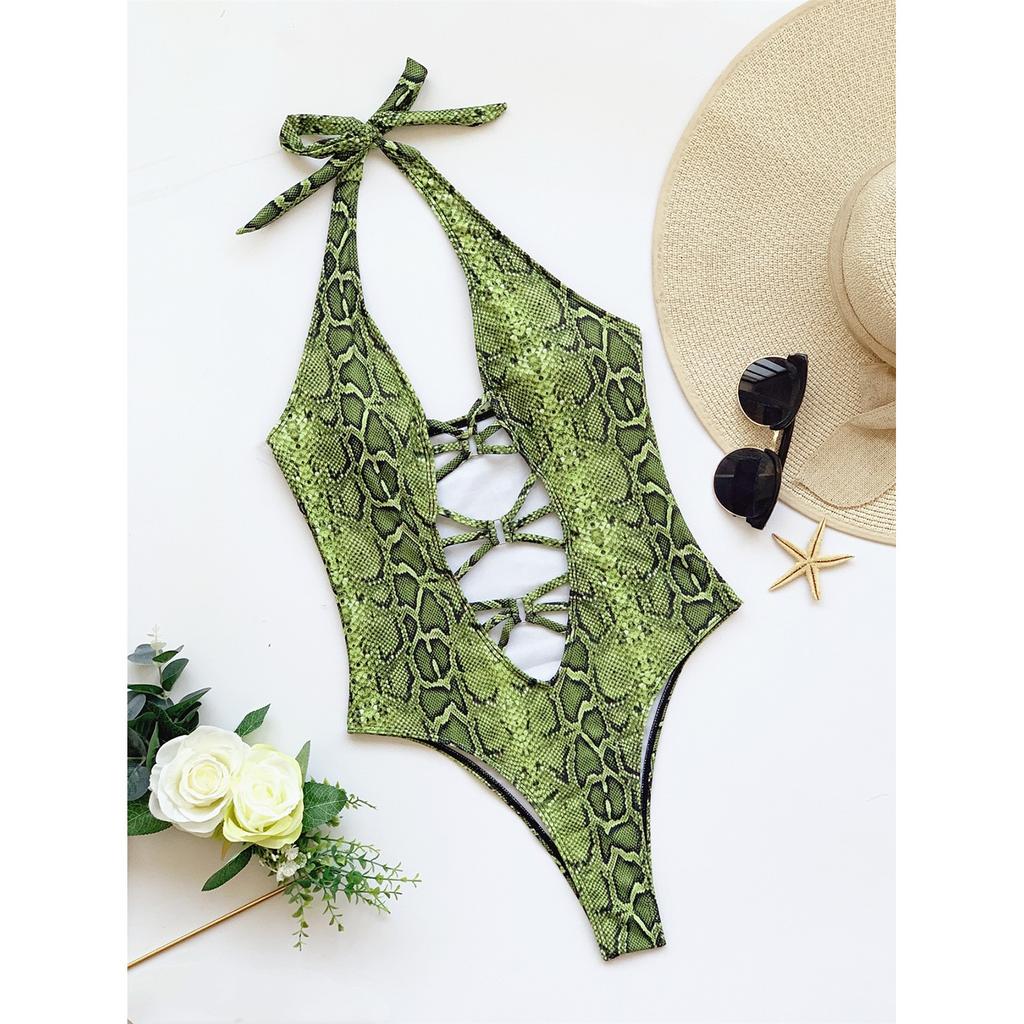 Women's One Piece Snakeskin Print Swimsuit Halter Neck Cut Out Lace Up Design Beachwear Swimwear Bodysuit