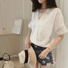 Casual Women Solid Color V Neck Short Sleeve Lace Loose Chiffon T-shirt Blouse