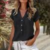 Women Shirt V-Neck Buttons Half Placket Short Sleeve Shirt Tops Solid Color Patch Pockets Loose Fit Summer Casual Shirt