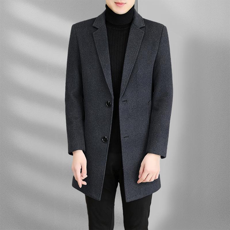 Autumn and Winter New Men's Woolen Coat Medium and Long Suit Collar Cotton Thickened Youth Woolen Coat Men's Coat