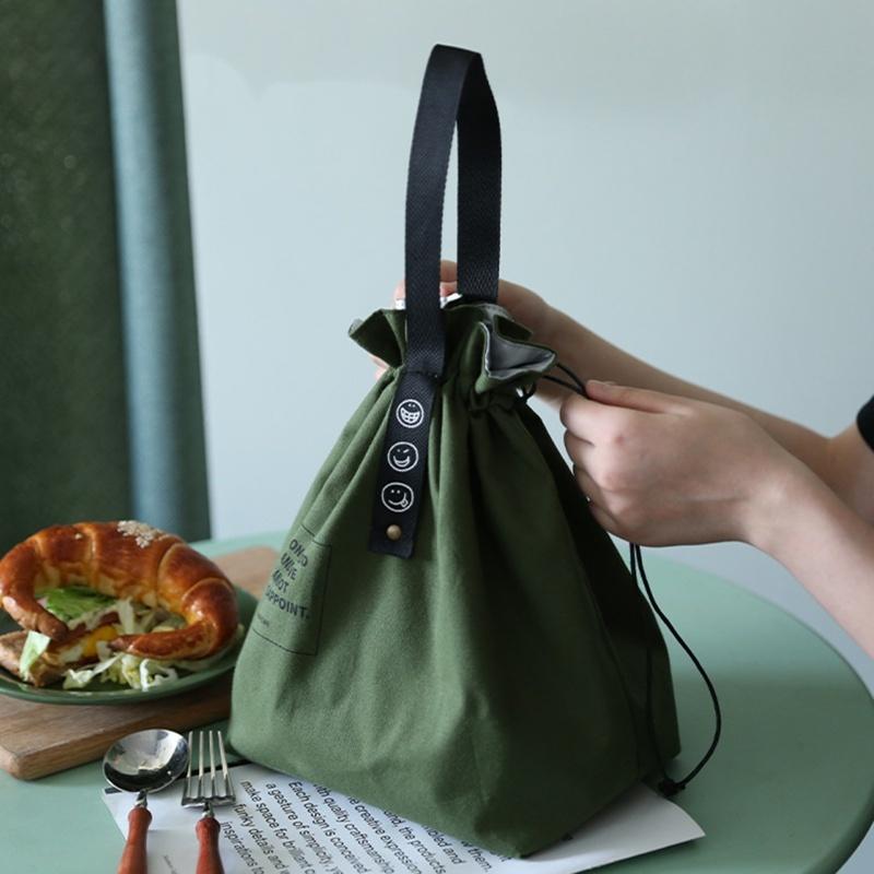 Nordic simple ins drawstring letter webbing insulated meal bag industrial canvas portable lunch box bag