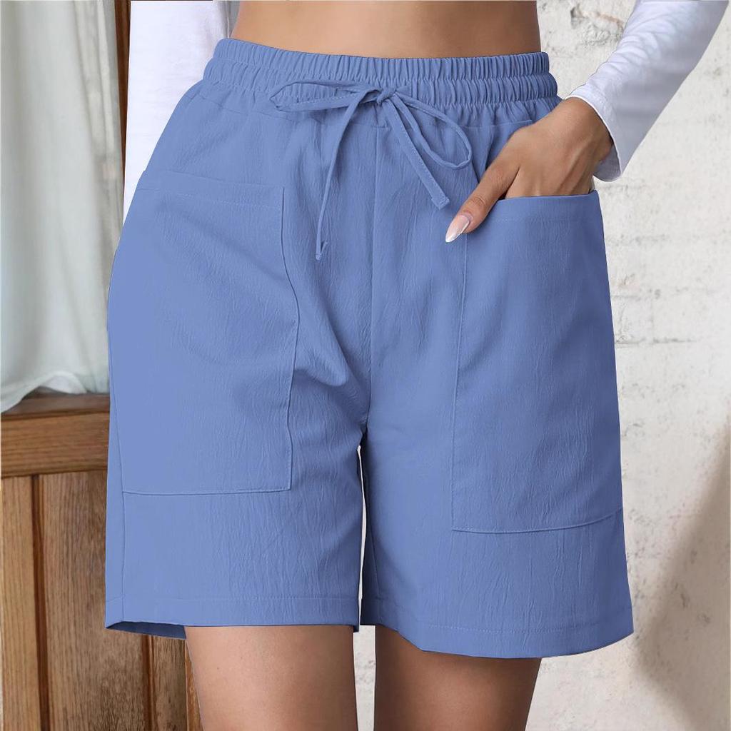 Pantaloni scurți din in cu talie înaltă și picior larg pentru femei 2025 - Culoare solidă, Mărimi mari, Croială lejeră cu buzunare