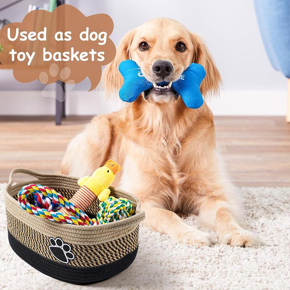 Pet Toy Storage Basket with Handle. Handmade Weaving with Dog Paw Prints. Can Also Store Children's Toys and Miscellaneous Items