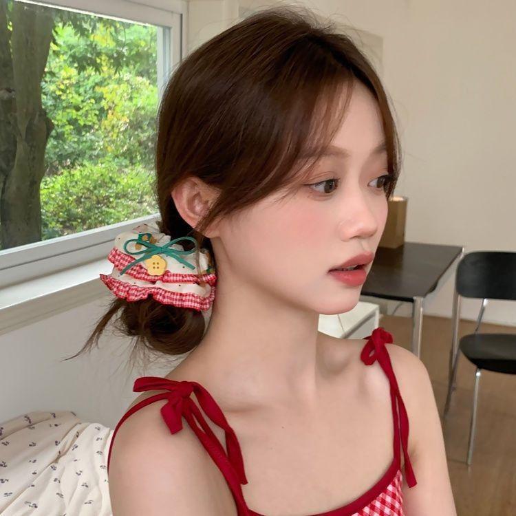 

Cherry Bear Mori-Style Red Hair Tie with Flower Button and Lace Edge