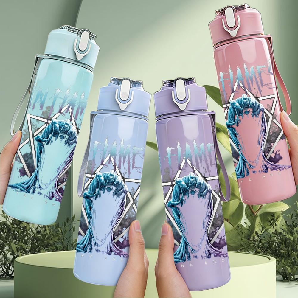 1PC Think Bout The End Pastel Text Print 750ml colorful plastic sports water bottle leakproof pop up lid with straw for outdoor work home use
