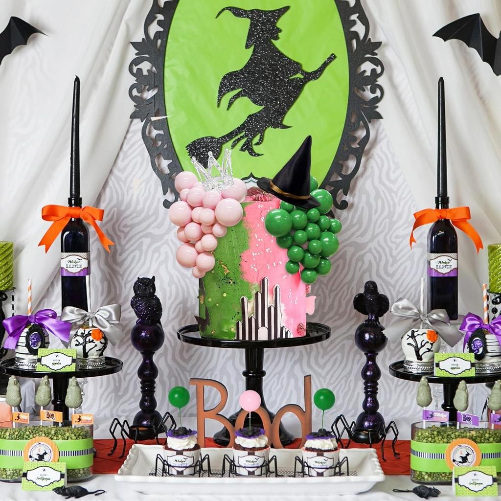 42pcs Witch Cake Topper Set, Mini Witch Hat & Silver Crown, Pink Green Foam Ball Cake Decorations for Halloween Party, Birthday