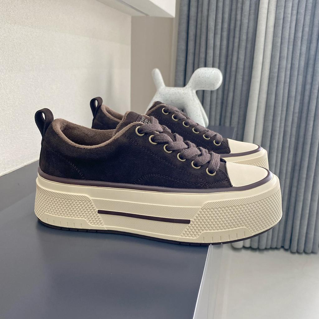 Leder Muffins Schuhe Damen Plateau Samt Herbst und Winter Retro Schnürung atmungsaktiv lässig höhenverstellbare Sohle Baumwollschuhe Trend