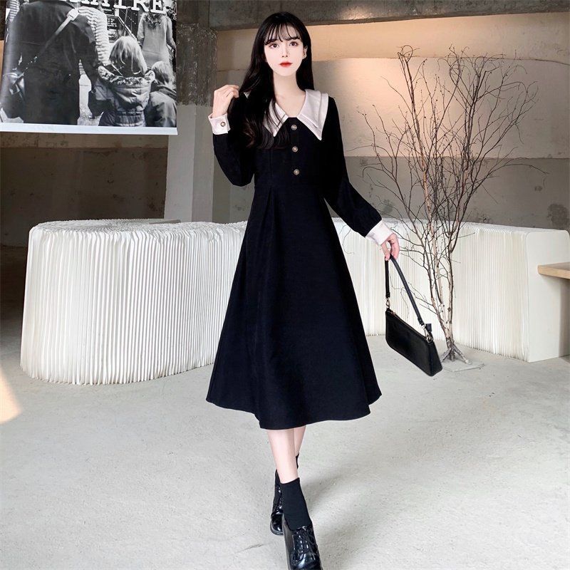 

Оверсайз-женское осенне-зимнее платье в стиле ретро с коротким низом, двойным воротником и поясом, темпераментная юбка выше колена 4XL чёрный