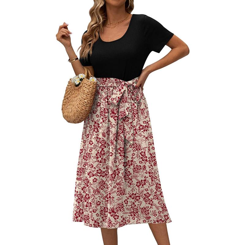 Summer Women's Dress Round Neck Splicing Lace-up Print Short-sleeved Casual Dresses