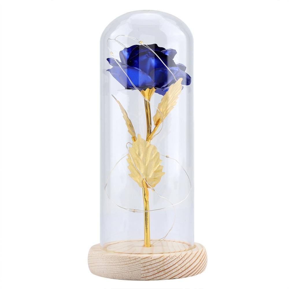 Wooden Base Rose LED Light Glass Cover Artificial flowers Preserved Rose Flower  Valentine's Day