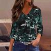 Women’s V Neck Floral Print Blouse Three Quarter Sleeve Casual Loose Fit Lightweight Top for Everyday Wear