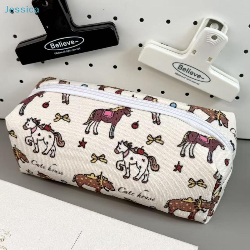 Cute Horse Print Pencil Case – Canvas Zipper Pouch For Stationery Cosmetics Daily Essentials