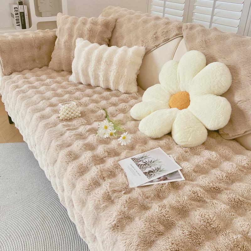 New Rabbit Plush Sofa Cushion Winter Thickened Plush Seat Cushion Straight Row Three-Person Non-Slip Leather Sofa Cover