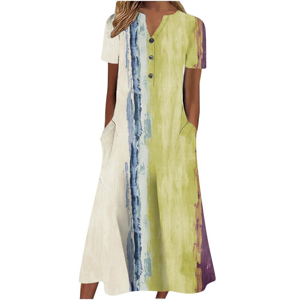 Women's V‑Neck Button Short Sleeve Midi Dress Loose Printed Casual Dress With Side Pockets