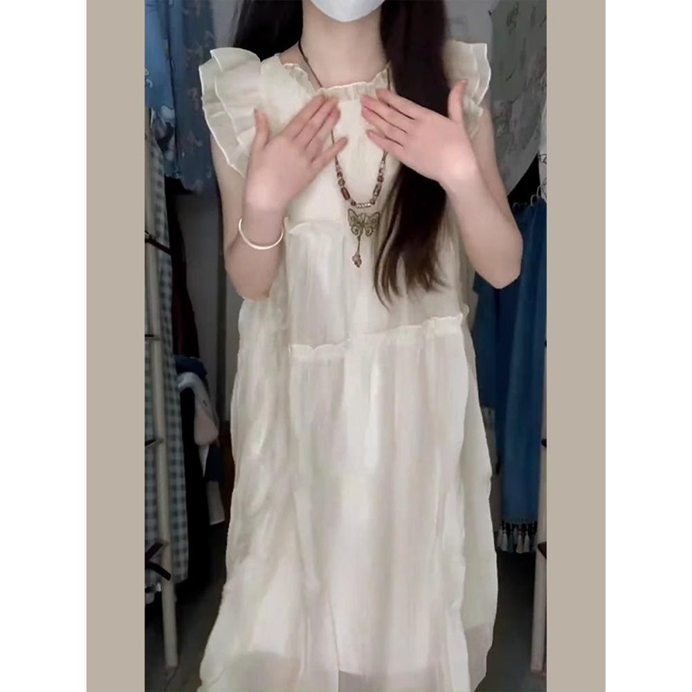 Summer new round neck small flying sleeve dress women's niche fresh loose and thin vest skirt