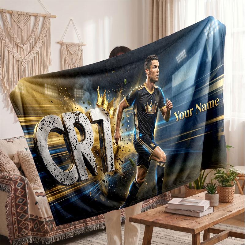 Coperta Personalizzata in Pile Cristiano Ronaldo con Logo Calcio, Testo Nome Personalizzato Morbida Calda Coperta da Divano per la Casa